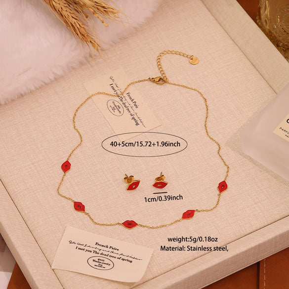 Wholesale Women's Ice Cute Red Lips Love Heart Shape Titanium Steel Necklace Set With Vacuum Plating In Furnace For Accessories