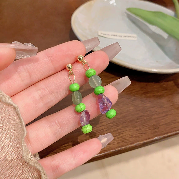 Wholesale Women's Imitation Natural Stone Beaded Tassel Long Earrings With Geometric Pattern And 225 Silver Ear Needles And Electroplating Process