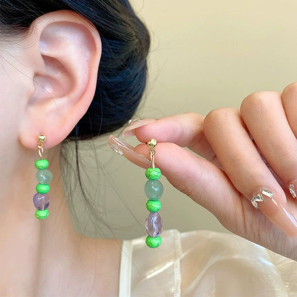 Wholesale Women's Imitation Natural Stone Beaded Tassel Long Earrings With Geometric Pattern And 225 Silver Ear Needles And Electroplating Process