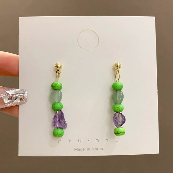 Wholesale Women's Imitation Natural Stone Beaded Tassel Long Earrings With Geometric Pattern And 225 Silver Ear Needles And Electroplating Process