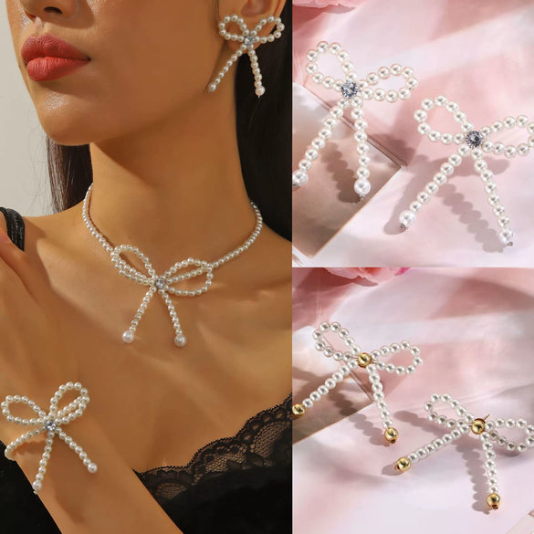 Wholesale Women's Imitation Pearl Beaded Bow Earrings Simple Style