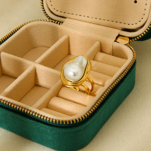 Wholesale Women's Imitation Pearl Stainless Steel Geometric Open Ring 18K Gold Plated Jewelry