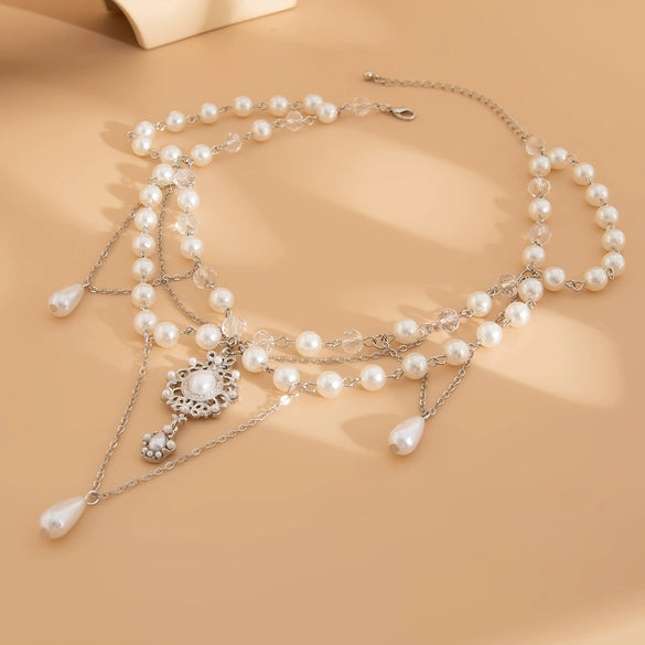 Wholesale Women's Imitation Pearl Tassel Necklace With Alloy Pendant Drop Shape Electroplated Metal Hollow Design
