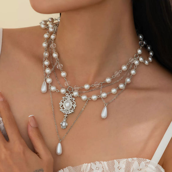 Wholesale Women's Imitation Pearl Tassel Necklace With Alloy Pendant Drop Shape Electroplated Metal Hollow Design