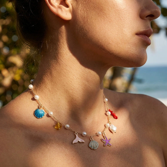 Wholesale Women's Imitation Shell Starfish Heart Alloy Necklace With Electroplating And Imitation Pearl Enamel Featuring Animal And Zodiac Patterns