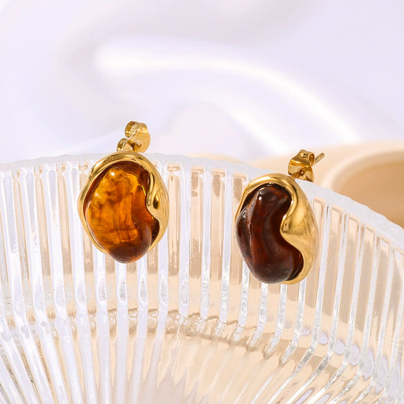 Wholesale Women's Inlaid Resin Earrings Round Asymmetric Shape Stainless Steel 18K Gold Plated With 18K Vacuum Plating In Furnace Geometric Style