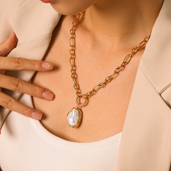 Wholesale Women's Ins Baroque Geometric Stainless Steel Polished Electroplated Pearl Necklace