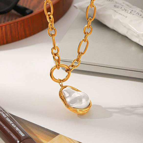 Wholesale Women's Ins Baroque Geometric Stainless Steel Polished Electroplated Pearl Necklace
