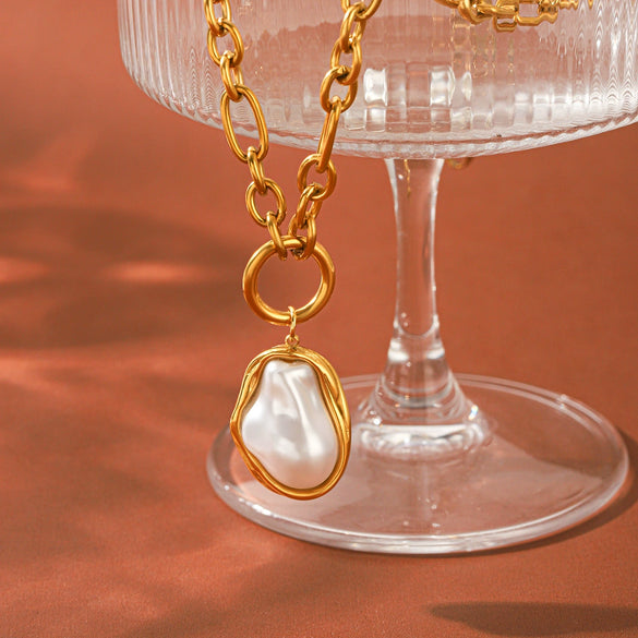 Wholesale Women's Ins Baroque Geometric Stainless Steel Polished Electroplated Pearl Necklace