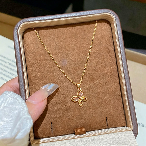Wholesale Women's Ins Style Butterfly Pendant Necklace With Diamond Encrusted Copper Pendant And Titanium Steel Oshaped Chain