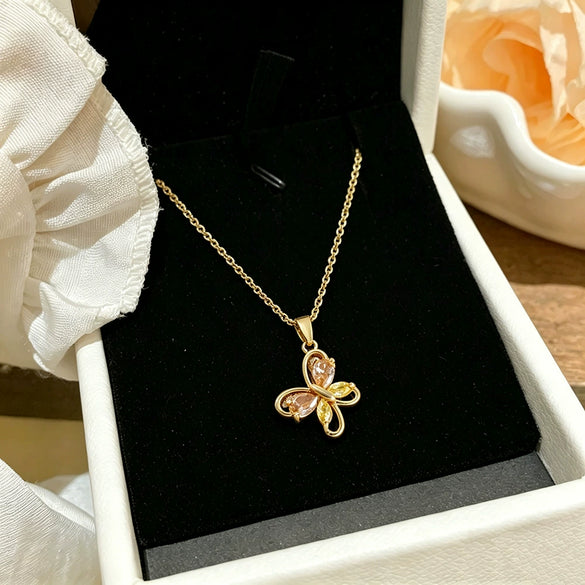 Wholesale Women's Ins Style Butterfly Pendant Necklace With Diamond Encrusted Copper Pendant And Titanium Steel Oshaped Chain
