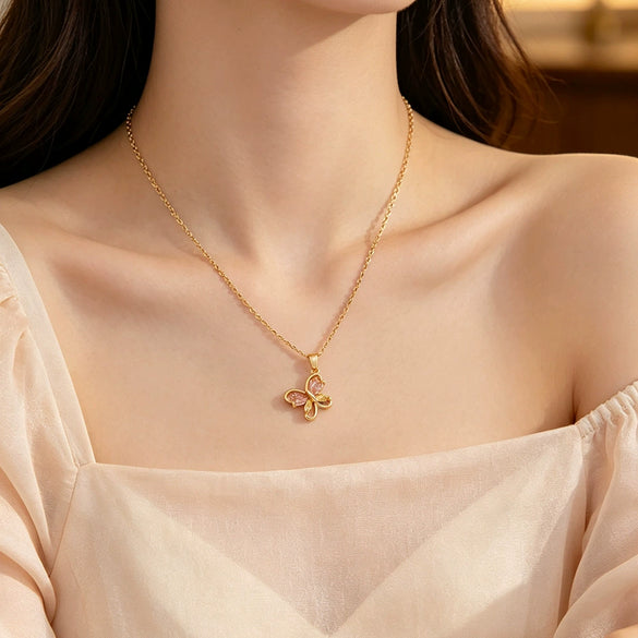 Wholesale Women's Ins Style Butterfly Pendant Necklace With Diamond Encrusted Copper Pendant And Titanium Steel Oshaped Chain