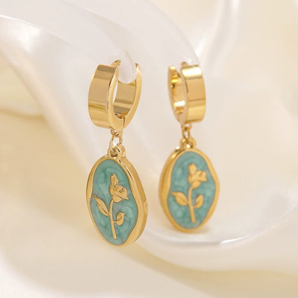 Wholesale Women's Ins Style Dripping Oil Floral Stainless Steel Earrings