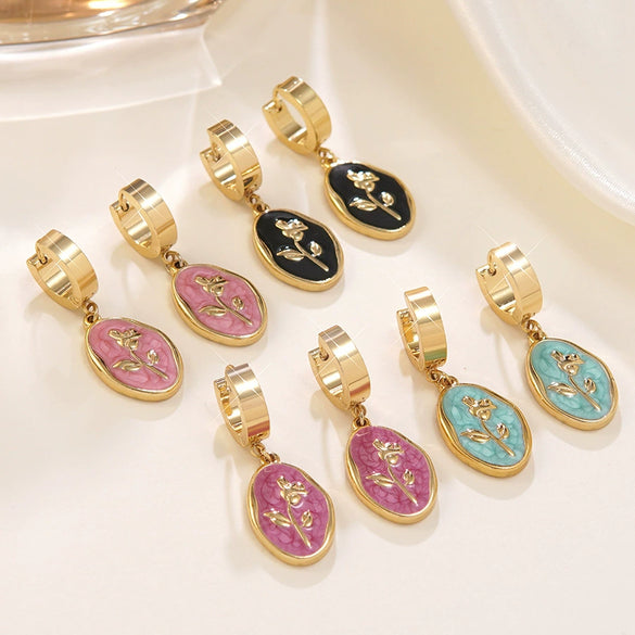 Wholesale Women's Ins Style Dripping Oil Floral Stainless Steel Earrings