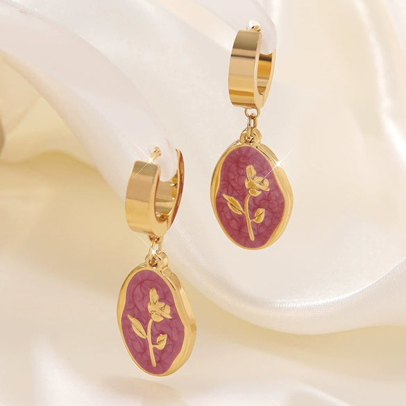Wholesale Women's Ins Style Dripping Oil Floral Stainless Steel Earrings