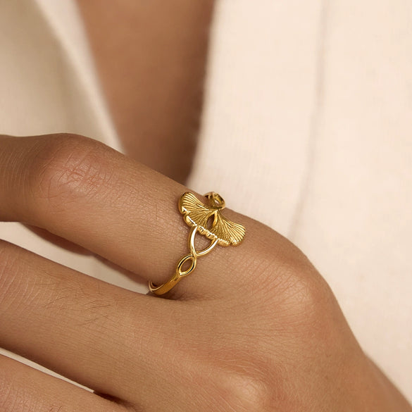 Wholesale Women's Ins Style Electroplated Stainless Steel Ginkgo Leaf Adjustable Open Ring Accessories