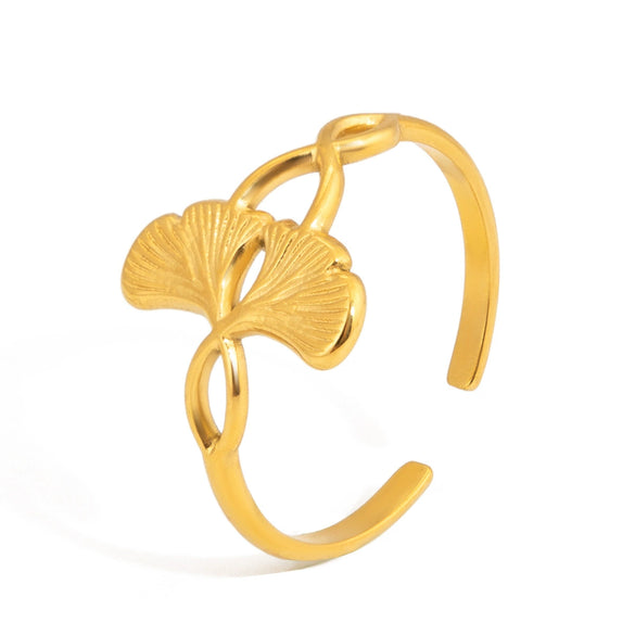 Wholesale Women's Ins Style Electroplated Stainless Steel Ginkgo Leaf Adjustable Open Ring Accessories
