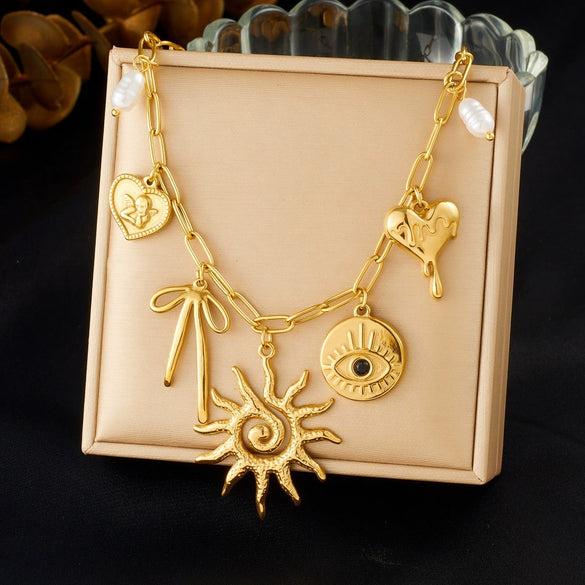 Wholesale Women's Ins Style Electroplated Stainless Steel Heart Shape Pendant Necklace With Flat Cross Chain