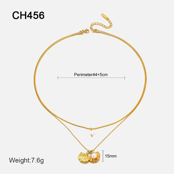 Wholesale Women's Ins Style Geometric Five Pointed Star Stainless Steel Electroplated Double Layer Pearl Shell Clavicle Necklace