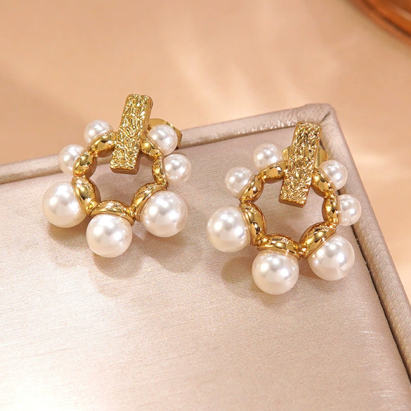 Wholesale Women's Ins Style Geometric Pearl Stainless Steel Goldplated Earrings