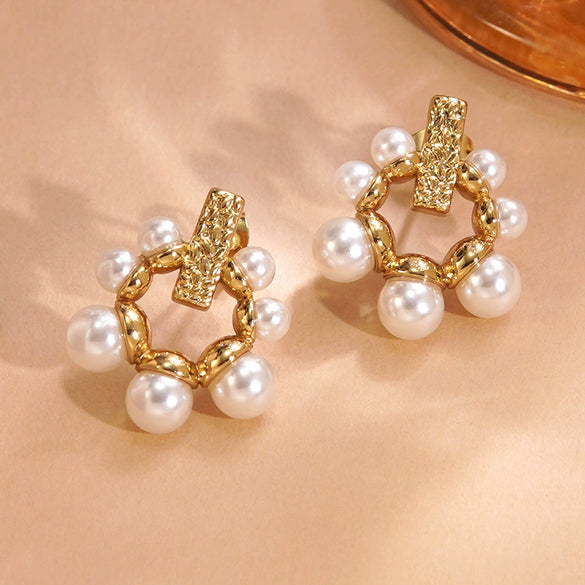 Wholesale Women's Ins Style Geometric Pearl Stainless Steel Goldplated Earrings