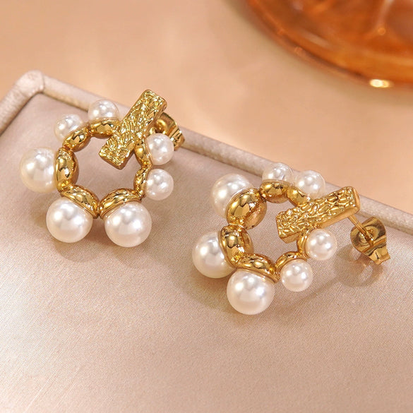 Wholesale Women's Ins Style Geometric Pearl Stainless Steel Goldplated Earrings