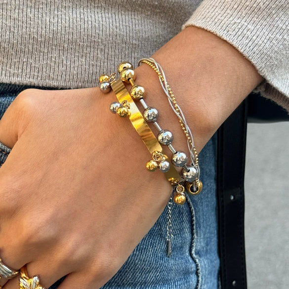 Wholesale Women's Ins Style Geometric Stainless Steel Electroplated Snake Bone Chain Threelayer Wrapped Ball Bracelet