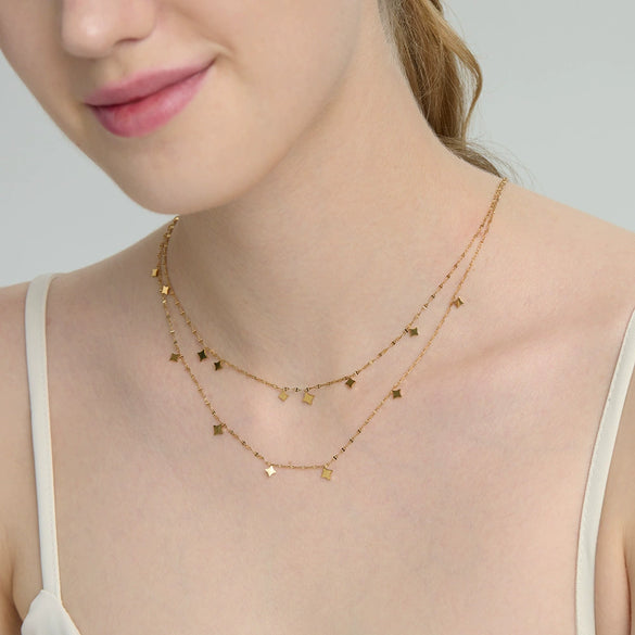 Wholesale Women's Ins Style Geometric Star Diamond 18K Gold Plated Stainless Steel Doublelayer Stacking Necklace