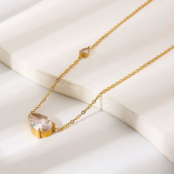 Wholesale Women's Ins Style Minimalist Drop Shape Zircon Stainless Steel 18K Gold Plated Pendant Necklace With Oshaped Chain