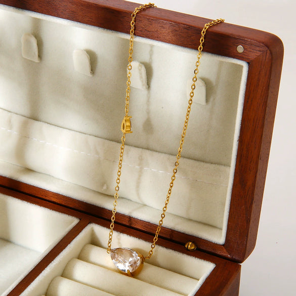 Wholesale Women's Ins Style Minimalist Drop Shape Zircon Stainless Steel 18K Gold Plated Pendant Necklace With Oshaped Chain