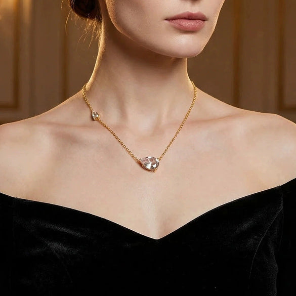 Wholesale Women's Ins Style Minimalist Drop Shape Zircon Stainless Steel 18K Gold Plated Pendant Necklace With Oshaped Chain