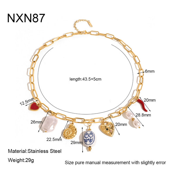 Wholesale Women's Ins Style Minimalist Geometric Heart And Flower Pattern Stainless Steel Cross Chain Necklace With 18K Gold Plating