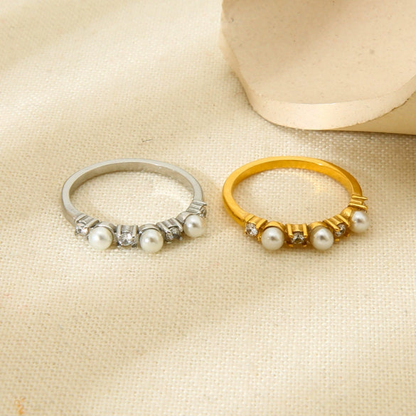 Wholesale Women's Ins Style Minimalist Geometric Stainless Steel Ring With Imitation Pearl Zirconia 18K Gold Plated Jewelry