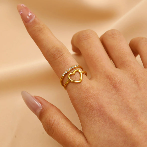 Wholesale Women's Ins Style Minimalist Heart Shape Electroplated Stainless Steel Openended Diamondencrusted Hollow Ring