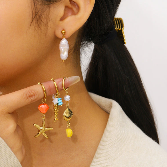 Wholesale Women's Ins Style Minimalist Star Pattern Stainless Steel Earrings With Shell And Pearl Pendant 18K Gold Plated