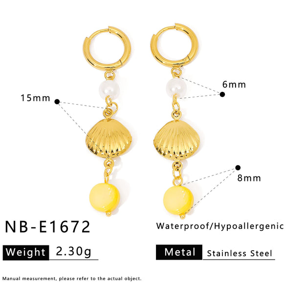 Wholesale Women's Ins Style Minimalist Star Pattern Stainless Steel Earrings With Shell And Pearl Pendant 18K Gold Plated