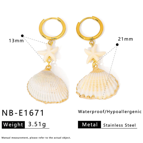 Wholesale Women's Ins Style Minimalist Star Pattern Stainless Steel Earrings With Shell And Pearl Pendant 18K Gold Plated