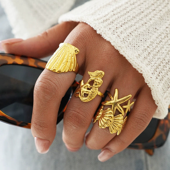 Wholesale Women's Ins Style Stainless Steel Starfish And Shell Design Rings With Pvd Furnace Vacuum Real Gold Plating