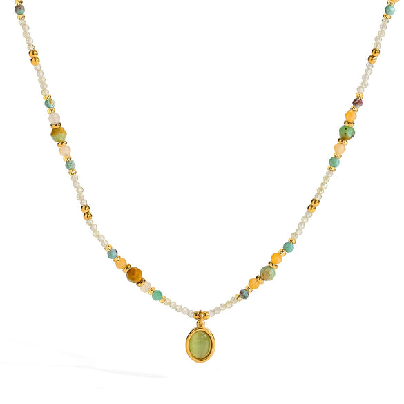 Wholesale Women's Insstyle Geometric Natural Stone And Stainless Steel Handmade Beaded Chain Necklace With Pvd Furnace Vacuum Real Gold Plating