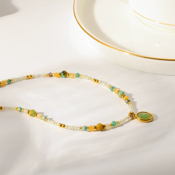 Wholesale Women's Insstyle Geometric Natural Stone And Stainless Steel Handmade Beaded Chain Necklace With Pvd Furnace Vacuum Real Gold Plating