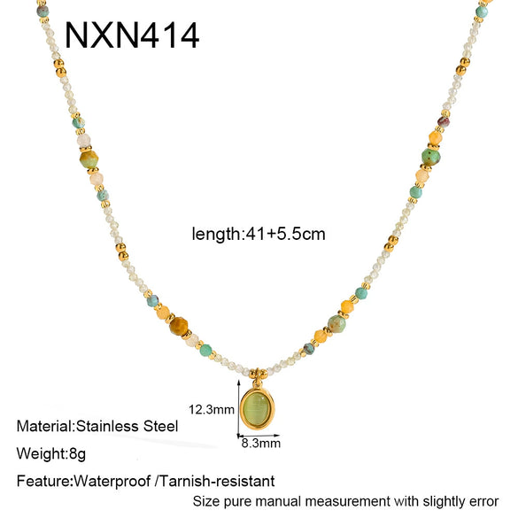 Wholesale Women's Insstyle Geometric Natural Stone And Stainless Steel Handmade Beaded Chain Necklace With Pvd Furnace Vacuum Real Gold Plating