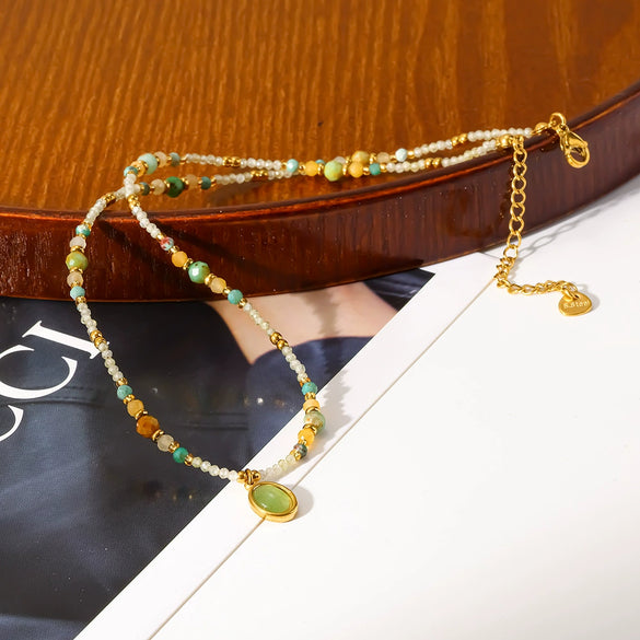 Wholesale Women's Insstyle Geometric Natural Stone And Stainless Steel Handmade Beaded Chain Necklace With Pvd Furnace Vacuum Real Gold Plating