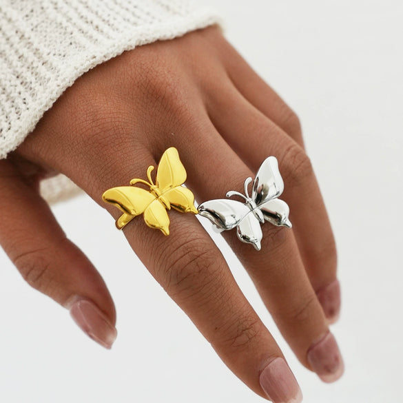 Wholesale Women's Insstyle Stainless Steel Butterfly And Bow Pattern Rings With Pvd Furnace Vacuum Real Gold Plating