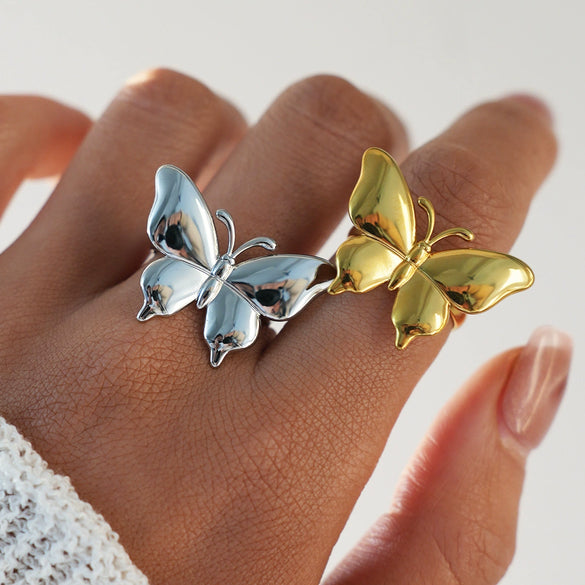 Wholesale Women's Insstyle Stainless Steel Butterfly And Bow Pattern Rings With Pvd Furnace Vacuum Real Gold Plating