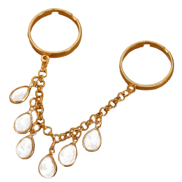 Wholesale Women's Iron Alloy Drop Shape Tassel Chain Finger Ring With Electroplating And Niche Stylish Design