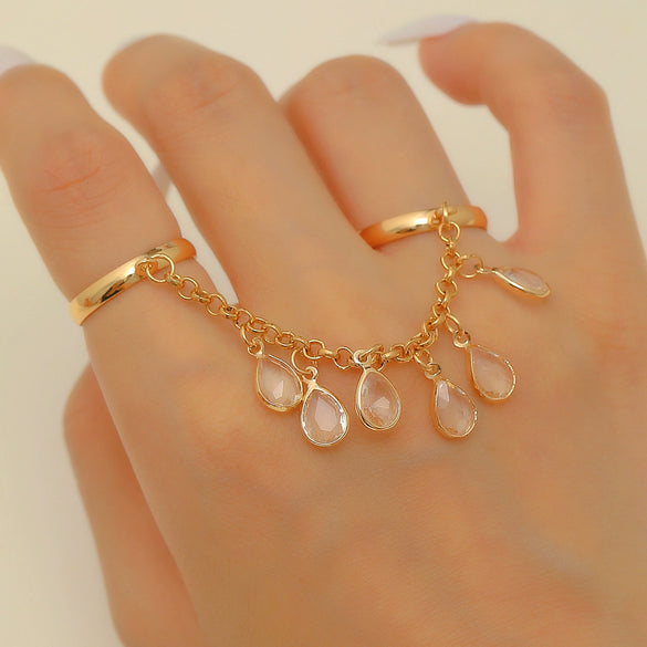 Wholesale Women's Iron Alloy Drop Shape Tassel Chain Finger Ring With Electroplating And Niche Stylish Design