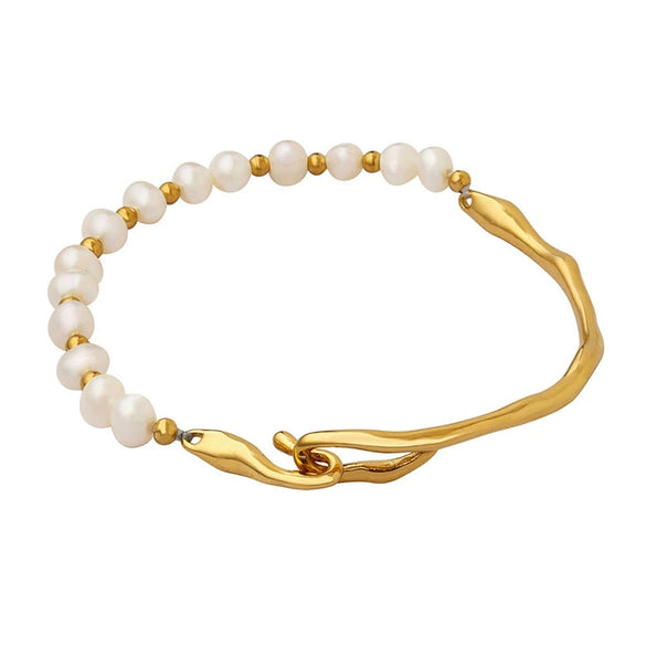 Wholesale Women's Irregular Baroque Freshwater Pearl And Stainless Steel Bracelet With Geometric Design And Electroplating