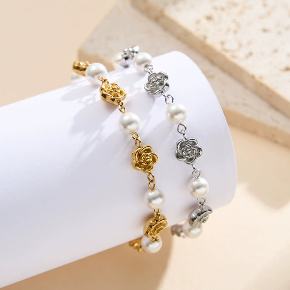 Wholesale Women's Irregular Freshwater Pearl Geometric Stainless Steel Vacuum Plated Adjustable Bracelet