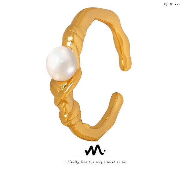 Wholesale Women's Irregular Geometric Titanium Steel Ring Inlaid With Natural Freshwater Pearl Electroplated