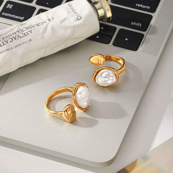 Wholesale Women's Irregular Pearl Gold Stainless Steel Geometric Openended Rings With Electroplating